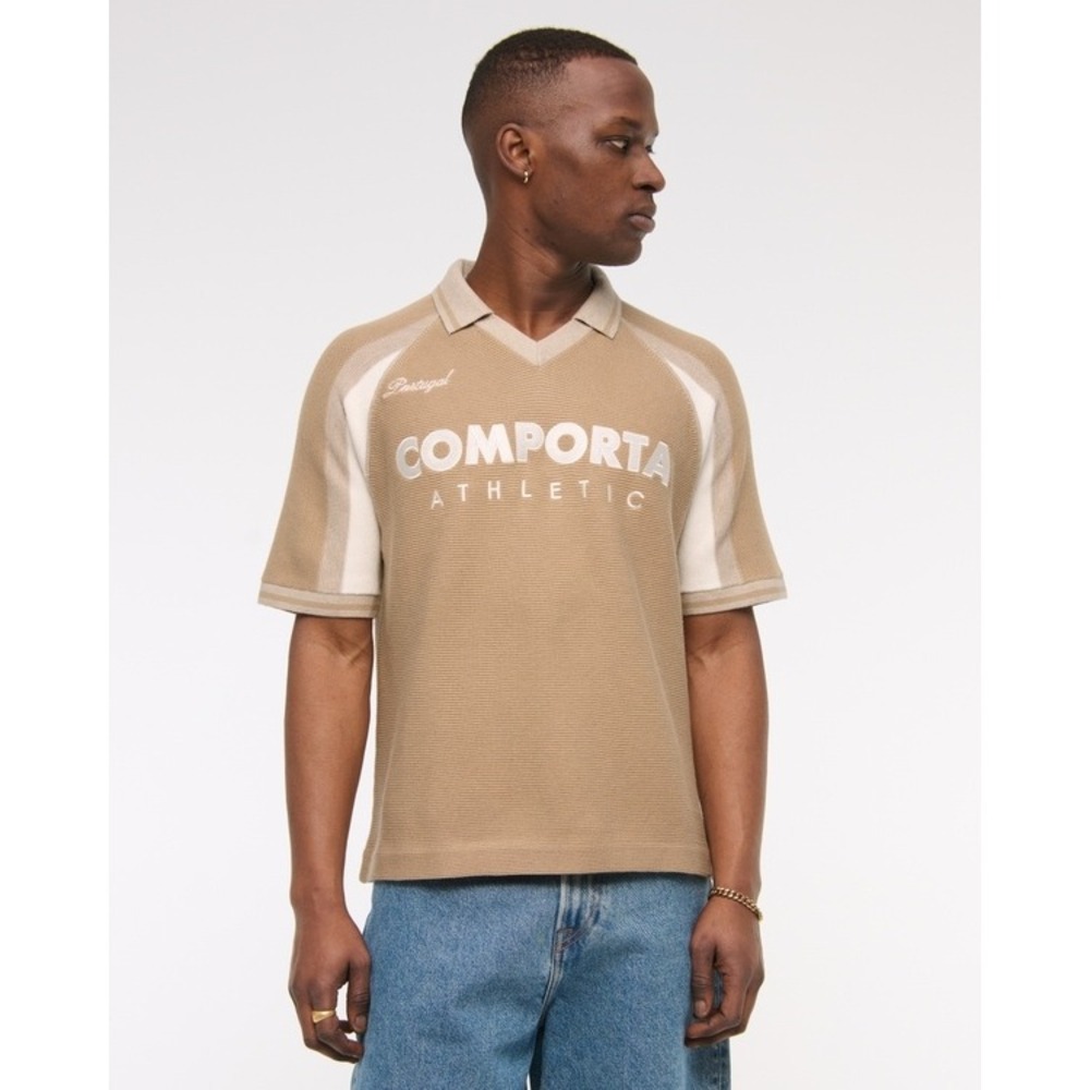 Abercrombie & Fitch Comporta Soccer Portugal Knit Sweater Polo Tan‎ Mens XS